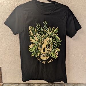 Black T-Shirt with Skull and Leaf Design